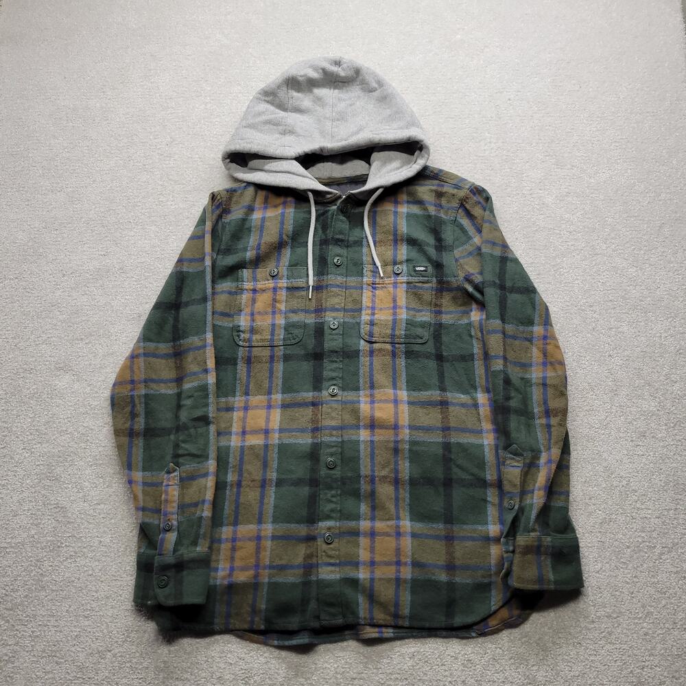 Vans Mens Small Hooded Flannel Shirt Jacket Green Plaid Classic Fit Button Up